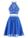 Excellent Mini Length Blue Prom Evening Gown Chiffon Sleeveless Beading