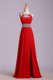 Halter Top Sleeveless Satin Floor Length Zipper Dress for Prom in Red with Beading and Belt