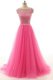 Hot Pink Lace Zipper Prom Dress Short Sleeves Floor Length Beading