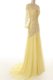Fashion Light Yellow Side Zipper One Shoulder Lace Evening Dress Chiffon and Lace 3 4 Length Sleeve Sweep Train
