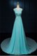 Customized Scoop Sleeveless Chiffon With Brush Train Zipper Prom Gown in Baby Blue with Beading and Appliques