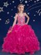 Modest Fuchsia Girls Pageant Dresses Quinceanera and Wedding Party and For with Beading and Ruffles Halter Top Sleeveless Lace Up