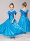 Sophisticated Off the Shoulder Cap Sleeves Ankle Length Appliques Zipper Little Girl Pageant Gowns with Blue