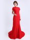 Dynamic Red Lace Backless Prom Evening Gown Cap Sleeves With Brush Train Lace