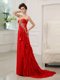 Dynamic Sweetheart Sleeveless Evening Dress With Brush Train Beading and Appliques and Ruffled Layers Red Chiffon