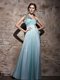 Inexpensive One Shoulder Light Blue Side Zipper Prom Gown Beading and Ruching Sleeveless Floor Length