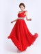 Glamorous One Shoulder Floor Length Zipper Dress for Prom Red for Prom and Party with Beading and Ruching and Pleated
