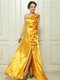 Low Price One Shoulder Gold Sleeveless Taffeta Brush Train Zipper Prom Dresses for Prom and Party