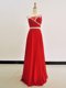 One Shoulder Red Chiffon Zipper Sleeveless Floor Length Beading