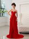 Fashionable Red Spaghetti Straps Zipper Beading and Ruching Prom Party Dress Brush Train Sleeveless