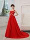 Top Selling One Shoulder Red Zipper Homecoming Dress Beading and Ruching Sleeveless Court Train