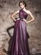 Classical One Shoulder Floor Length Purple Prom Dresses Satin Sleeveless Beading and Ruching
