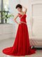 One Shoulder Red Column/Sheath Beading and Ruching Homecoming Dress Zipper Chiffon Sleeveless With Train