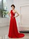 Satin One Shoulder Sleeveless Court Train Zipper Beading and Hand Made Flower Dress for Prom in Red