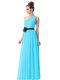 Deluxe One Shoulder Blue Chiffon Side Zipper Prom Evening Gown Sleeveless Floor Length Beading and Ruching and Belt