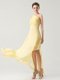 One Shoulder Ankle Length Side Zipper Homecoming Dress Light Yellow for Prom and Party with Beading and Ruching