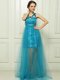 Halter Top Teal Sleeveless Brush Train Belt With Train Prom Dress