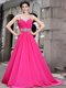Luxury A-line Sleeveless Hot Pink Prom Evening Gown Brush Train Zipper