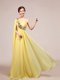 Chiffon One Shoulder Sleeveless Sweep Train Zipper Appliques and Ruching Prom Dresses in Light Yellow