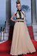 Champagne Column/Sheath Chiffon High-neck Sleeveless Beading Floor Length Criss Cross Prom Dresses