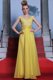 Yellow Chiffon Side Zipper Scalloped Short Sleeves Floor Length Prom Party Dress Beading and Appliques and Pleated