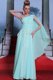 One Shoulder Sleeveless Prom Dresses Floor Length Lace and Ruching Turquoise Chiffon