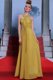 High Quality Scalloped Gold Chiffon Clasp Handle Prom Dress Sleeveless Floor Length Appliques and Ruching
