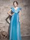 Floor Length Teal Prom Dress Tulle Cap Sleeves Sequins