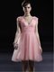 Custom Fit Baby Pink Column/Sheath V-neck Sleeveless Tulle Knee Length Zipper Appliques Prom Party Dress