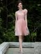 Latest One Shoulder Peach Column/Sheath Beading and Hand Made Flower Evening Dress Side Zipper Tulle Sleeveless Knee Length