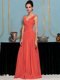 High Quality Red Chiffon Side Zipper One Shoulder Sleeveless Floor Length Prom Evening Gown Ruffles