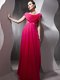 Fabulous Scoop Cap Sleeves Chiffon Floor Length Side Zipper Prom Party Dress in Hot Pink with Beading and Ruching