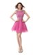 Scoop Cap Sleeves Mini Length Beading and Sequins and Pleated Zipper Evening Dress with Rose Pink