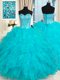 Aqua Blue Lace Up Quinceanera Dresses Beading and Ruffles Sleeveless Floor Length