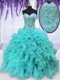 Smart Organza Sweetheart Sleeveless Lace Up Beading and Ruffles Quince Ball Gowns in Aqua Blue
