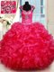 Top Selling Backless Hot Pink Cap Sleeves Beading and Ruffles Floor Length 15th Birthday Dress
