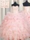 Custom Fit Sleeveless Floor Length Beading and Ruffles Lace Up Sweet 16 Quinceanera Dress with Baby Pink