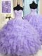 Deluxe Floor Length Lace Up 15th Birthday Dress Lavender for Military Ball and Sweet 16 and Quinceanera with Beading and Ruffles