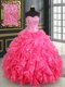 Hot Pink Ball Gowns Sweetheart Sleeveless Organza Floor Length Lace Up Beading and Ruffles and Sequins 15 Quinceanera Dress