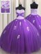 Eggplant Purple Tulle Zipper Ball Gown Prom Dress Sleeveless Floor Length Beading and Appliques