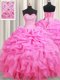 Eye-catching Rose Pink Lace Up Quince Ball Gowns Beading and Ruffles and Pick Ups Sleeveless Floor Length