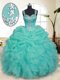 Straps Turquoise Zipper 15 Quinceanera Dress Beading and Ruffles and Pick Ups Sleeveless Floor Length
