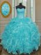 High Quality Sweetheart Sleeveless Sweet 16 Quinceanera Dress Floor Length Beading and Ruffles Aqua Blue Organza
