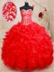 Exceptional Sweetheart Sleeveless Quince Ball Gowns Floor Length Beading and Ruffles Red Organza