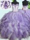 Floor Length White And Purple Vestidos de Quinceanera Organza Sleeveless Beading and Ruffles