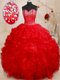 Red Organza Lace Up Quinceanera Gowns Sleeveless Floor Length Beading and Ruffles