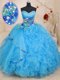 High End Baby Blue Sweetheart Lace Up Beading and Ruffles and Pattern 15 Quinceanera Dress Sleeveless