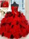 Inexpensive Floor Length Lace Up 15 Quinceanera Dress Black and Red for Military Ball and Sweet 16 and Quinceanera with Beading and Ruffles and Sequins