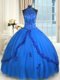 See Through Blue Halter Top Lace Up Beading and Appliques 15th Birthday Dress Sleeveless