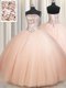 Peach Ball Gowns Tulle Strapless Sleeveless Beading Floor Length Lace Up Quinceanera Dress